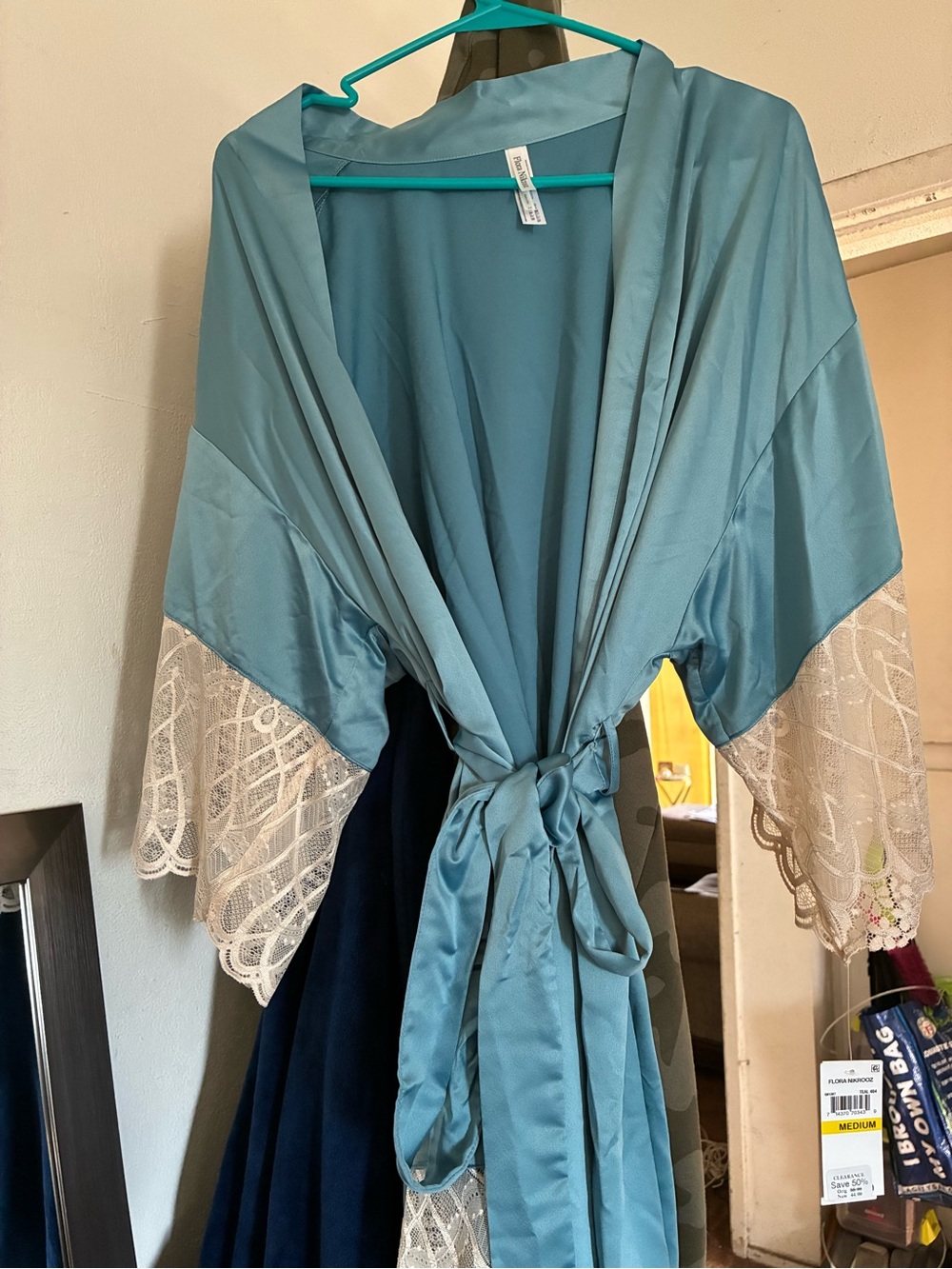 Flora Nikrooz Teal Satin Robe with Lace Accent